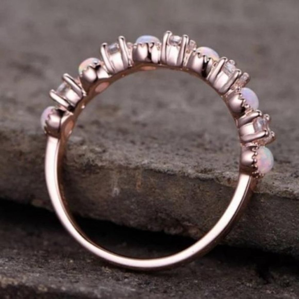 18K ROSE GOLD DIAMOND OPAL HALF ETERNITY RING, CUTE RING, SHINY RING. - Picture 4 of 5